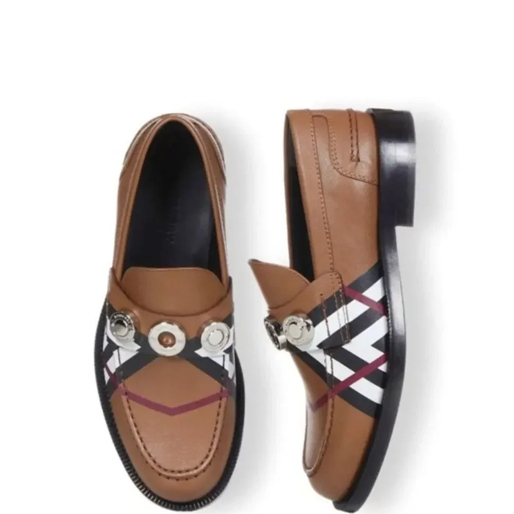 BURBERRY Women's Broadbrook Brown Nova Check Silver Hardware Loafers Siz… - Picture 3 of 14